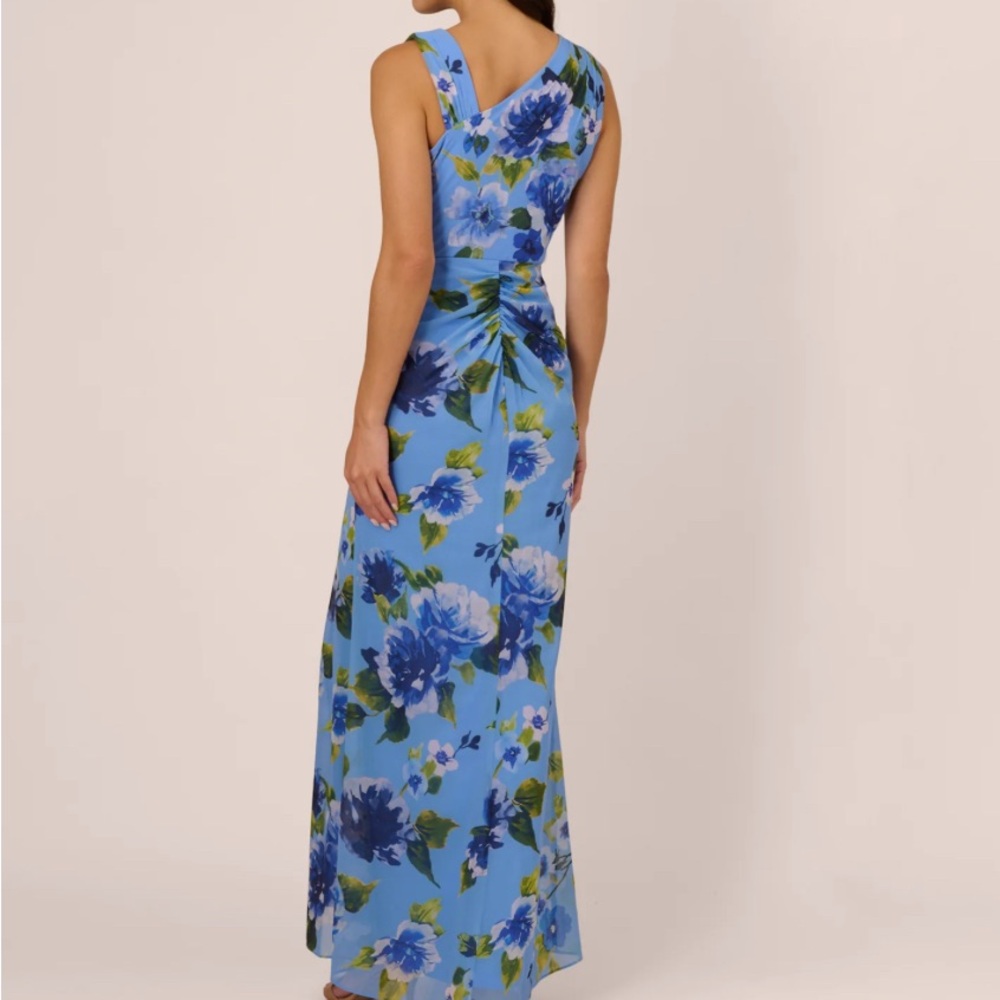 Adrianna Papell Asymmetrical Draped Floral Chiffon Gown In Blue Multi - Picture 2 of 2